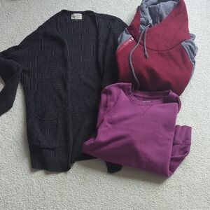 Black Cardigan, Burgundy Hoodie, and Purple Sweatshirt